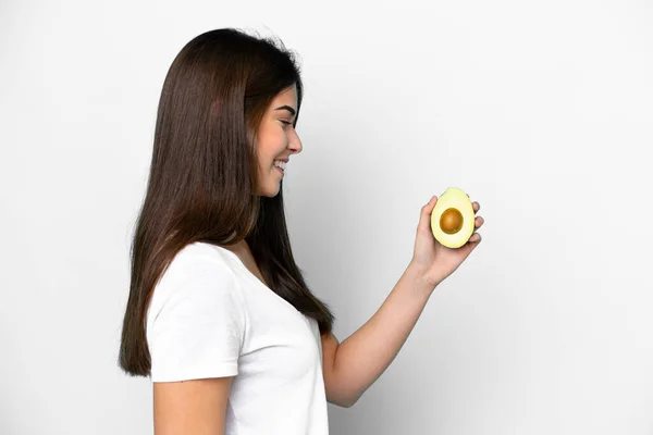 Young Brazilian Woman Holding Avocado Isolated White Background Happy Expression — Stock Photo, Image