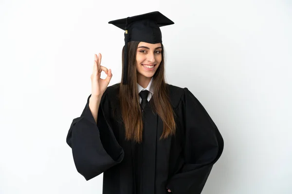 Graduação Universitária Jovem Isolado Fundo Branco Mostrando Sinal Com Dedos — Fotografia de Stock