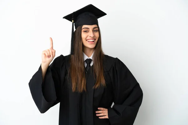 Graduado Universitario Joven Aislado Sobre Fondo Blanco Mostrando Levantando Dedo — Foto de Stock