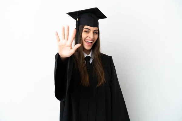 Νεαρός Απόφοιτος Πανεπιστημίου Απομονώνονται Λευκό Φόντο Καταμέτρηση Πέντε Δάχτυλα — Φωτογραφία Αρχείου