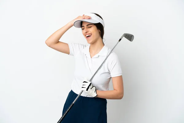 Yakışıklı Genç Golfçü Kadın Beyaz Arka Planda Izole Edilmiş Gülümsüyor — Stok fotoğraf