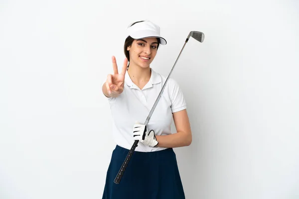 Beau Jeune Golfeur Joueur Femme Isolé Sur Fond Blanc Souriant — Photo