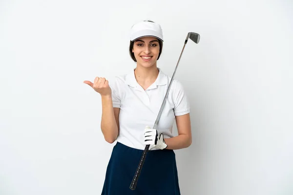 Bonito Jovem Jogador Golfe Mulher Isolada Fundo Branco Apontando Para — Fotografia de Stock