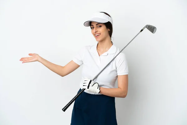 Bonito Jovem Jogador Golfe Mulher Isolada Fundo Branco Estendendo Mãos — Fotografia de Stock