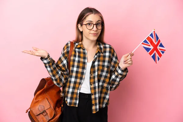 Young Hispanic Woman Holding United Kingdom Flag Isolated Pink Background — Stock Photo, Image