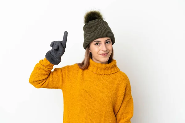 若いです女の子とともに冬の帽子隔離上の白い背景指摘素晴らしいアイデア — ストック写真