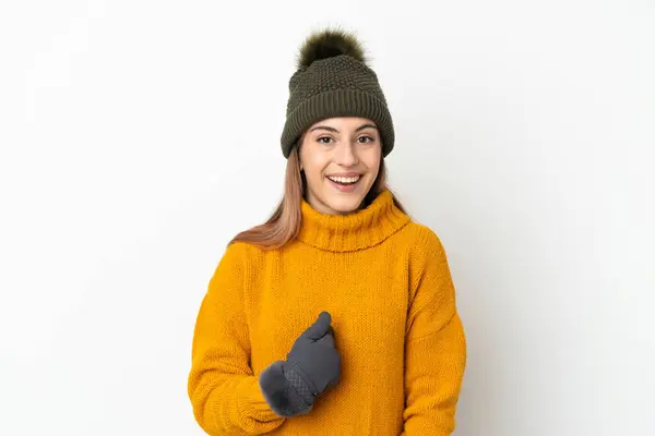 Young Girl Winter Hat Isolated White Background Surprise Facial Expression — Stock Photo, Image