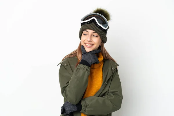 Skier Καυκάσιος Γυναίκα Γυαλιά Snowboarding Απομονώνονται Λευκό Φόντο Κοιτάζοντας Στο — Φωτογραφία Αρχείου