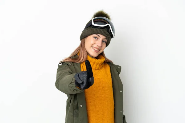 Skier Caucasian Woman Snowboarding Glasses Isolated White Background Showing Lifting — Stock Photo, Image