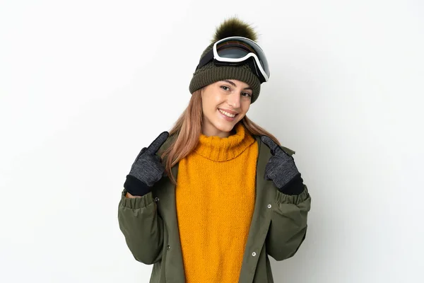 Mulher Branca Esquiador Com Óculos Snowboard Isolado Fundo Branco Dando — Fotografia de Stock