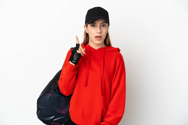 Mujer Deportiva Joven Con Bolsa Deporte Aislada Sobre Fondo Blanco —  Fotos de Stock