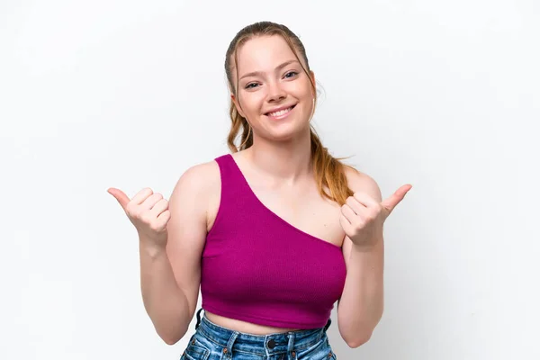 Young Caucasian Girl Isolated White Background Thumbs Gesture Smiling — Stock Photo, Image