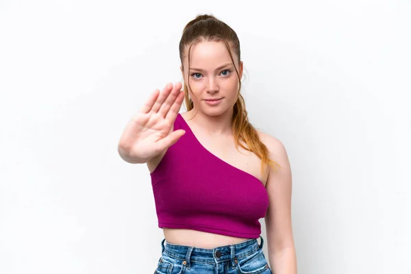 Joven Chica Caucásica Aislada Sobre Fondo Blanco Haciendo Stop Gesture — Foto de Stock