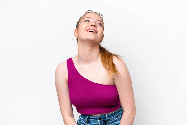 Jong Kaukasisch Meisje Geïsoleerd Witte Achtergrond Lachen — Stockfoto