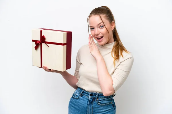 Young Caucasian Woman Holding Gift Isolated White Background Whispering Something — 스톡 사진