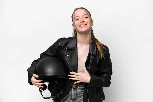 Jong Kaukasisch Meisje Met Een Motorfiets Helm Geïsoleerd Witte Achtergrond — Stockfoto