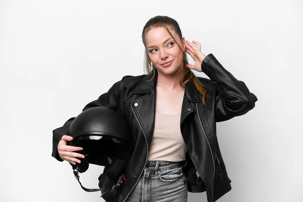 Young Caucasian Girl Motorcycle Helmet Isolated White Background Having Doubts — Stock Photo, Image