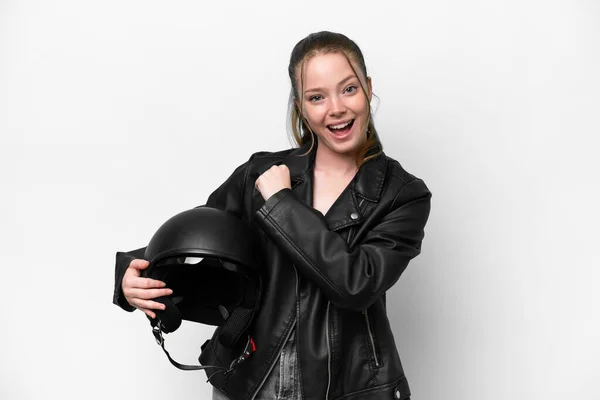 Young Caucasian Girl Motorcycle Helmet Isolated White Background Celebrating Victory —  Fotos de Stock