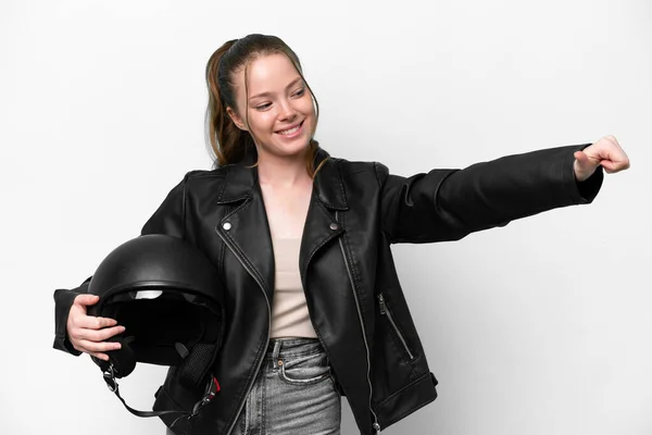 Young Caucasian Girl Motorcycle Helmet Isolated White Background Giving Thumbs — Stock Photo, Image