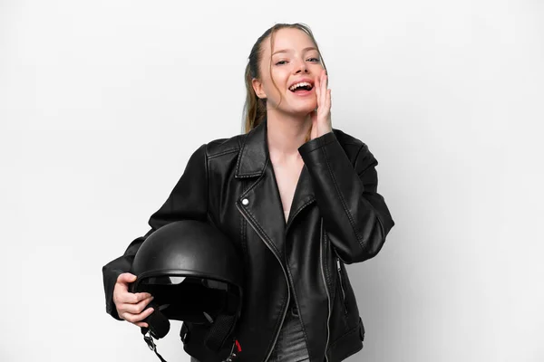 Young Caucasian Girl Motorcycle Helmet Isolated White Background Shouting Mouth — Stock Photo, Image