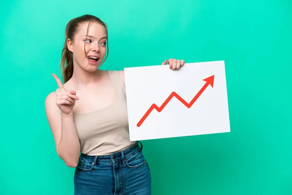 Young Caucasian Woman Isolated Green Background Holding Sign Growing Statistics — Stockfoto