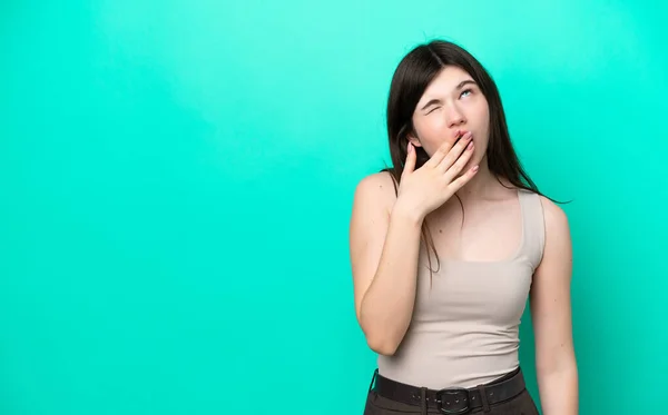 Young Russian Woman Isolated Green Background Yawning Covering Wide Open — Foto de Stock