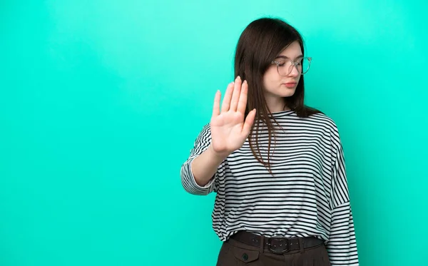 Young Russian Woman Isolated Green Background Making Stop Gesture Disappointed — Foto Stock
