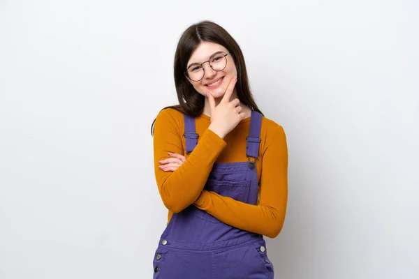 Young Russian Woman Isolated Blue Background Happy Smiling — Stock Photo, Image