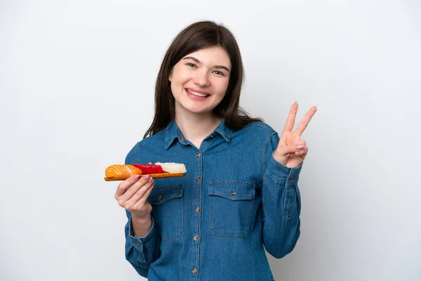 Young Russian Woman Holding Sashimi Isolated White Background Smiling Showing — Stockfoto