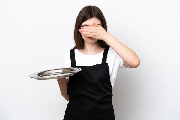 Junge Russische Köchin Mit Tablett Auf Weißem Hintergrund Das Die — Stockfoto