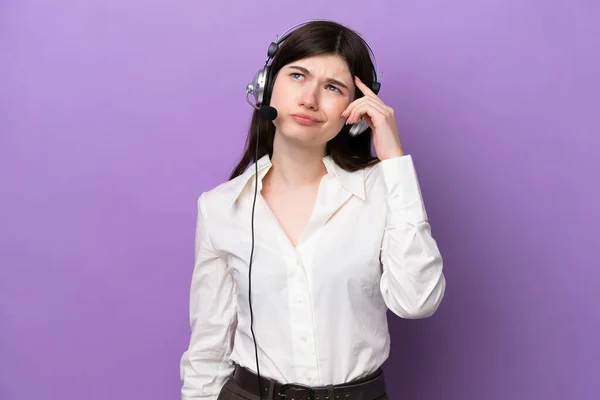 Telemarketer Russian Woman Working Headset Isolated Purple Background Having Doubts — стоковое фото