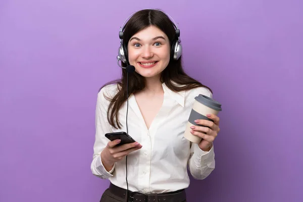 Telemarketer Russian Woman Working Headset Isolated Purple Background Holding Coffee — 스톡 사진