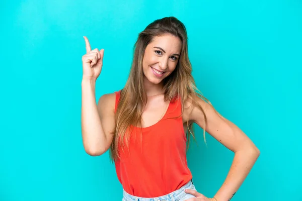 Young Caucasian Woman Isolated Blue Background Showing Lifting Finger Sign — Stock Photo, Image