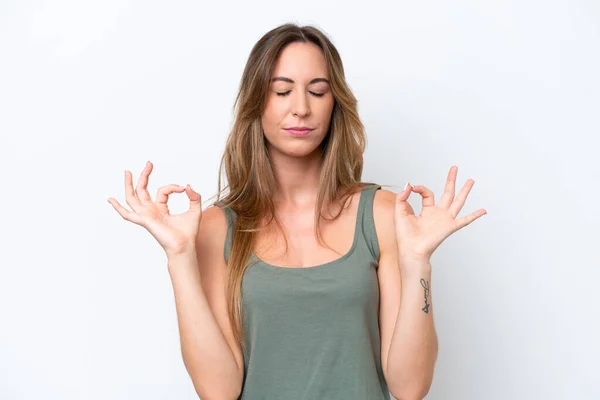 Young Caucasian Woman Isolated White Background Zen Pose — Stock Photo, Image
