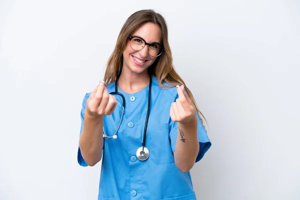 Jeune Chirurgien Médecin Femme Isolée Sur Fond Bleu Faisant Geste — Photo