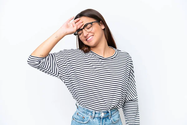 Mujer Joven Caucásica Aislada Sobre Fondo Blanco Con Expresión Cansada —  Fotos de Stock