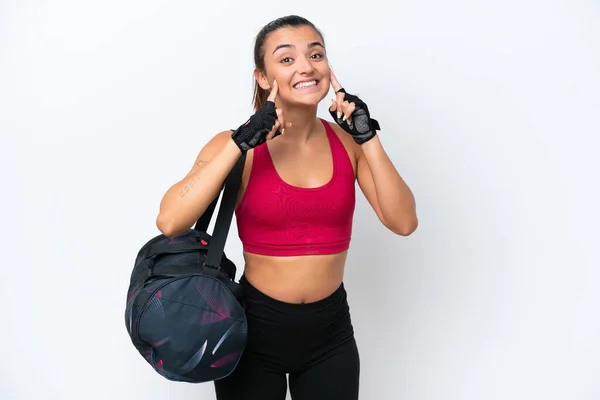 Young Sport Woman Sport Bag Isolated White Background Smiling Happy — Foto Stock