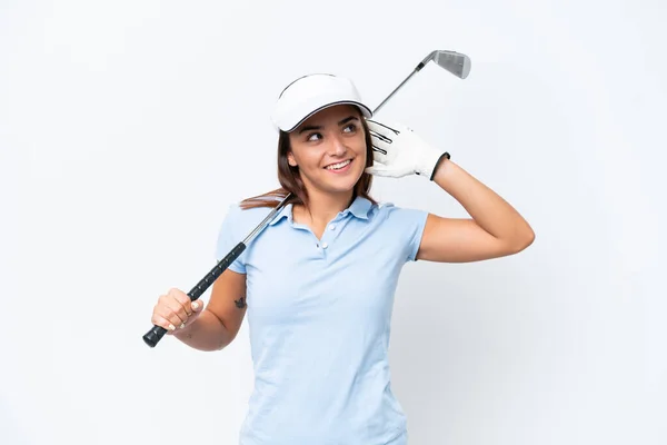 Jovem Caucasiana Jogando Golfe Isolado Fundo Branco Com Dúvidas — Fotografia de Stock