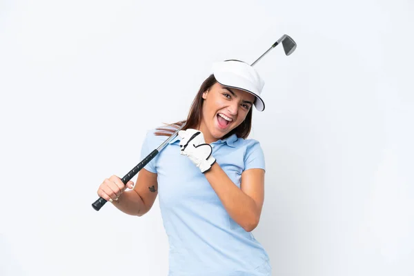 若いです白人の背景に孤立したゴルフをプレイする若い白人女性は勝利を祝う — ストック写真