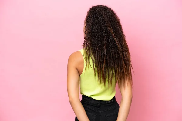 Young Hispanic Woman Isolated Pink Background Back Position Looking Back — Stock Photo, Image