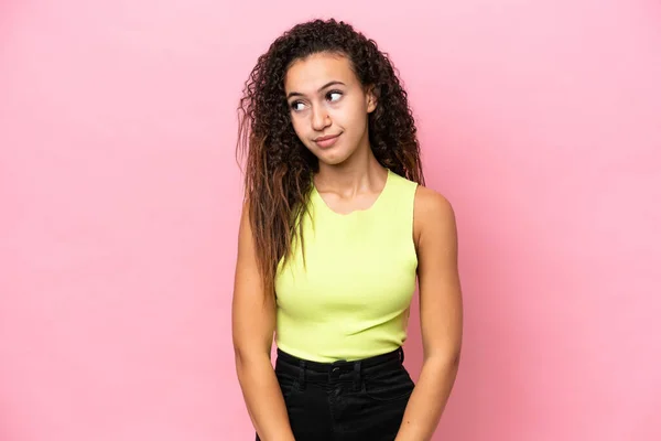 Young Hispanic Woman Isolated Pink Background Making Doubts Gesture Looking — Stock Photo, Image
