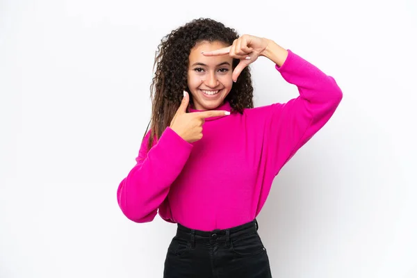 Mujer Árabe Joven Aislada Sobre Fondo Blanco Enfocando Cara Símbolo —  Fotos de Stock