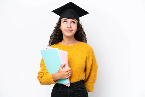 Arab University Graduate Woman Holding Books Isolated White Background Looking — Stock Photo, Image