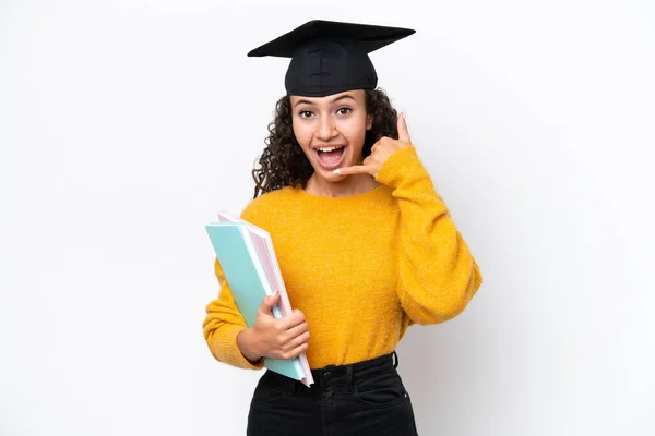 Arabische Universitätsabsolventin Mit Büchern Auf Weißem Hintergrund Und Handygesten Rufen — Stockfoto