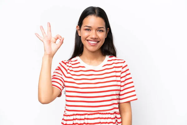 Young Colombian Woman Isolated White Background Showing Sign Fingers — Φωτογραφία Αρχείου