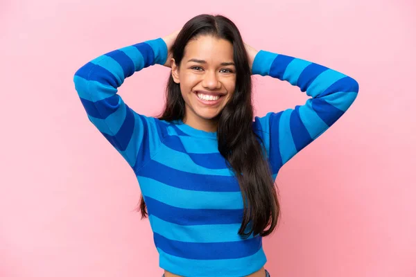 Young Colombian Woman Isolated Pink Background Laughing — Stockfoto