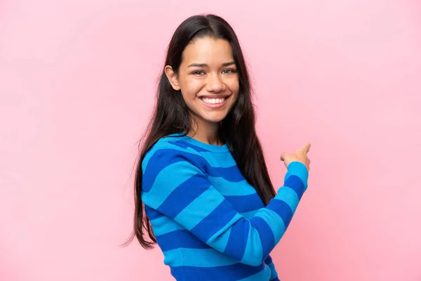 Young Colombian Woman Isolated Pink Background Pointing Back — Stock Photo, Image