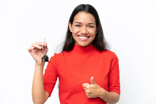 Joven Colombiana Sosteniendo Llaves Casa Aisladas Sobre Fondo Blanco Con — Foto de Stock