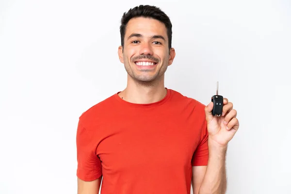 Young Handsome Man Holding Car Keys Isolated White Background Smiling — Stock Photo, Image