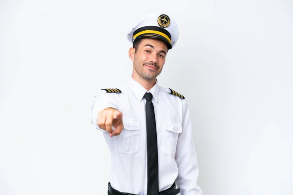 Pilot Samolotu Nad Odizolowanym Białym Tłem Wskazuje Palcem Ciebie Pewnym — Zdjęcie stockowe